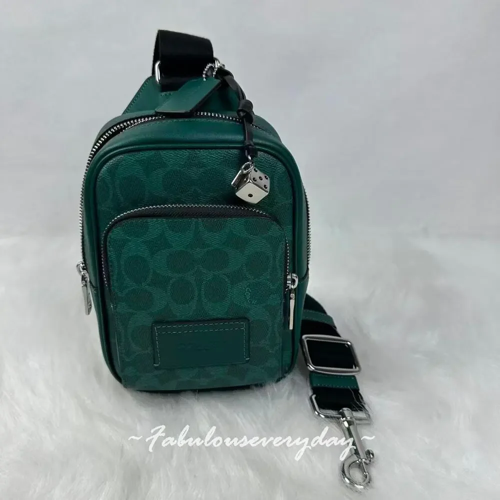 Coach Racer Sling Pack Signature Canvas With Charms/Silver/Sea Green CEB27 NWT